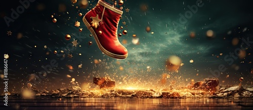 A festive Christmas decoration featuring a Santa s boot and gifts raining down creating a joyful atmosphere with a copy space image photo