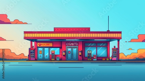 Gas station with simple lines Use vector lines on a clean background.