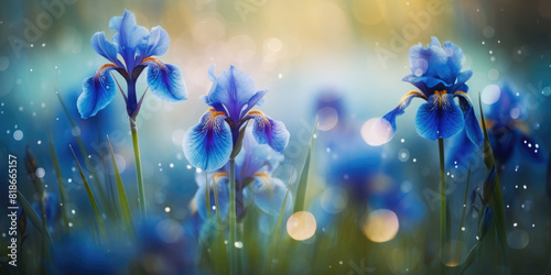 Blue irises. Iris flowers in the meadow. Beautiful floral background for greeting card for Birthday  Mother s day  Easter  Women s day  Father s day  Wedding