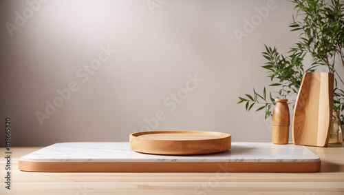 There is a round wooden platform on a marble table. There is a plant and two wooden objects behind it.  