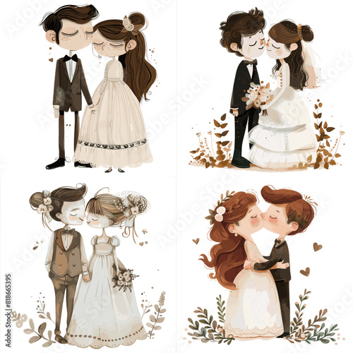 Vector ilustration of bride and groom hold each other's hands. 