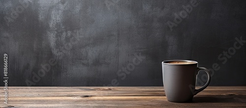 A coffee cup made of plastic is placed on a dark wooden table with a concrete background This is a mock up image. with copy space image. Place for adding text or design