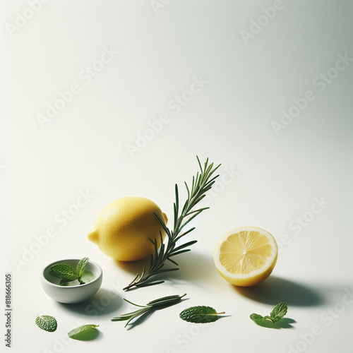 sfondo bianco con limone tagliato, ramo di rosmarino e foglie di menta con spazio vuoto per testo o presentazione prodotto pubblicitario photo