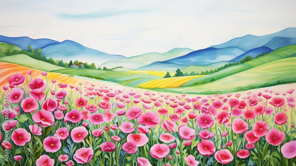 Obraz premium A watercolor illustration of a peaceful flowers field with gentle hills in the background