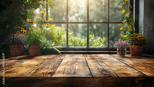 A rustic wooden table with an empty space for product display  set against the backdrop of a window showing a garden scene with blooming flowers. Created with Ai