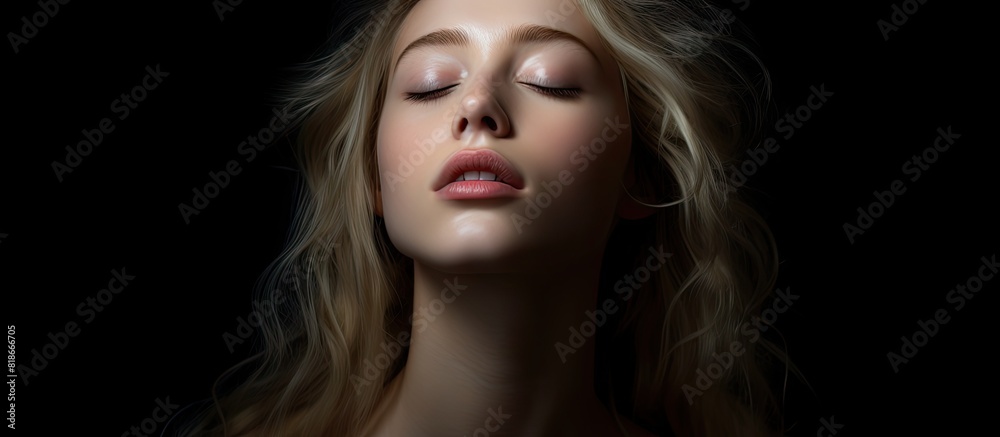 Copy space image of a blonde girl young and beautiful with closed eyes portraying a melancholic expression on a dark backdrop
