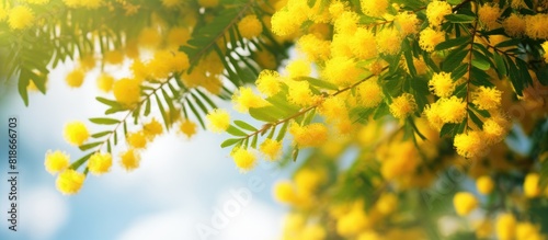 A blooming mimosa tree with yellow flowers as a beautiful copy space image photo