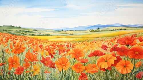 Watercolor painting of a sunny day in a field full of flowers