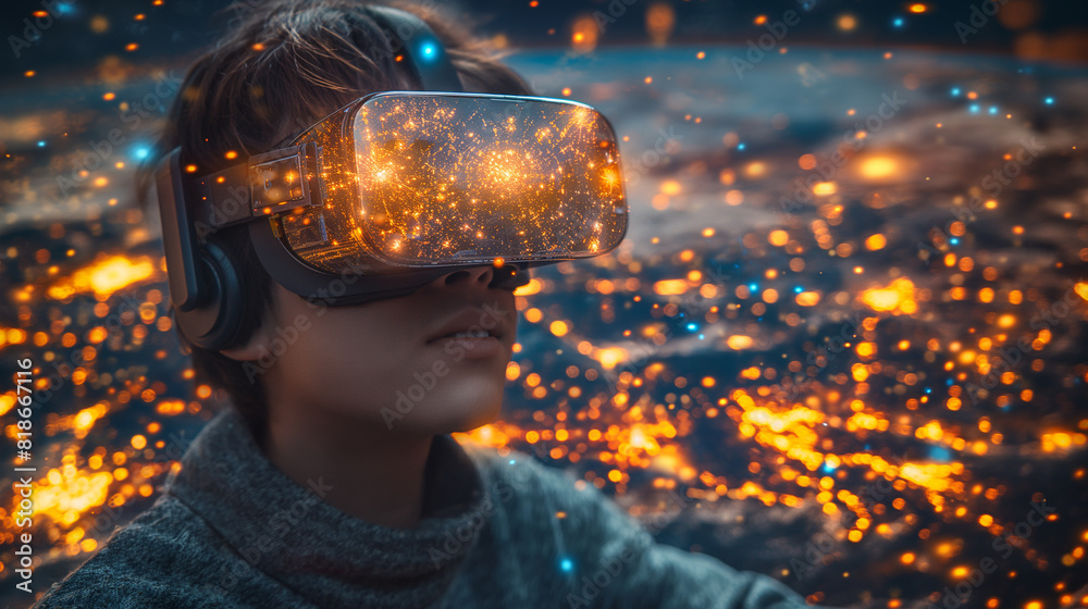 VR and AR technology futuristic concept. Man wearing 3d VR headset glasses looks up in cyberspace of metaverse.
