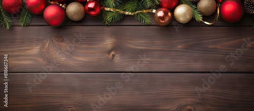 A festive arrangement of Christmas ornaments on a wooden background with a flat lay and room for additional images or text Perfect for creating a holiday themed frame