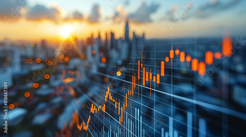 double exposure image of stock market investment graph and city on background,  concept of business investment and stock future trading photo