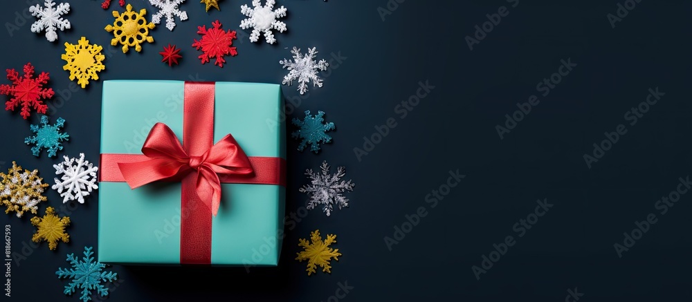 Fototapeta premium A Christmas present wrapped in colorful paper with a ribbon decorative balls and a snowflake The image features a holiday concept with copy space presented in a flat lay view from the top