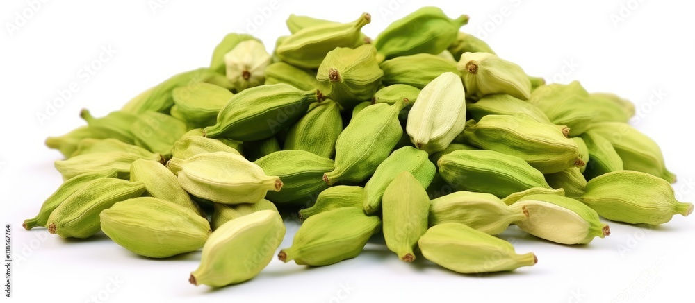 A close up shot displaying green cardamom pods isolated on a white background with copy space available for text or images It represents a spices food and cooking concept A close up shot displaying green cardamom pods isolated on a white background with copy space available for text or images It represents a spices food and cooking concept