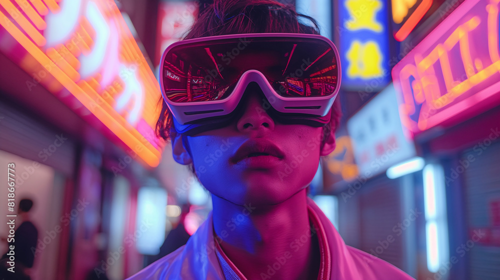 VR and AR technology futuristic concept. Man wearing 3d VR headset glasses looks up in cyberspace of metaverse. VR and AR technology futuristic concept. Man wearing 3d VR headset glasses looks up in cyberspace of metaverse.