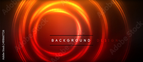 Neon glowing circle rays, light round lines in the dark, planet style neon wave lines. Energetic electric concept design for wallpaper, banner, background