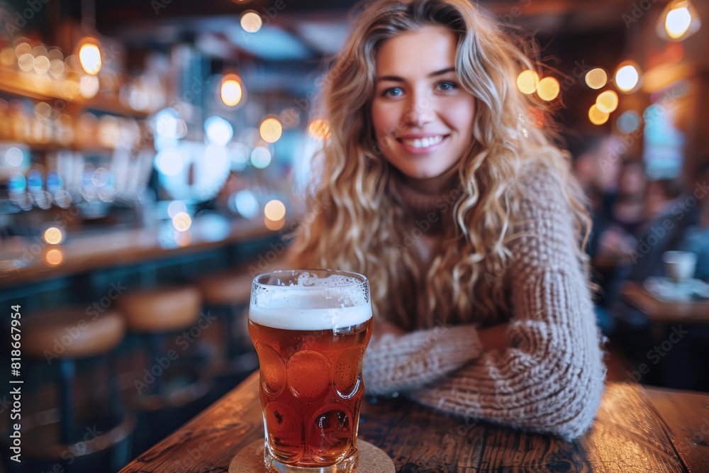 Latin hispanic woman enjoys her break at a cafe and drinks beer on table