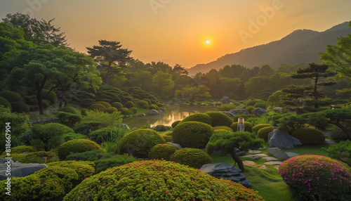 An oriental-style botanical garden with a lake, mountains and various shrubs at sunset. landscape park with lake at sunset photo