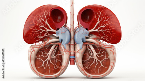 The image shows a pair of kidneys. The kidneys are responsible for filtering waste products from the blood and producing urine. photo