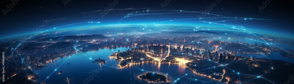 Satellite orbits Earth with city lights below