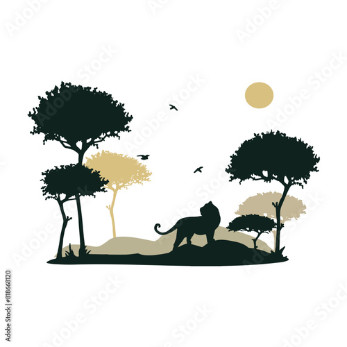 African landscape vector silhouette. savannah african landscape with leopards vector silhouette