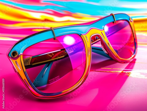 Vibrant multicolored sunglasses with a bold  playful design featuring bright pink  blue  and yellow hues  set against a colorful background.