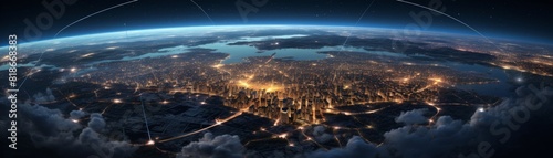 Satellite orbits Earth with city lights below