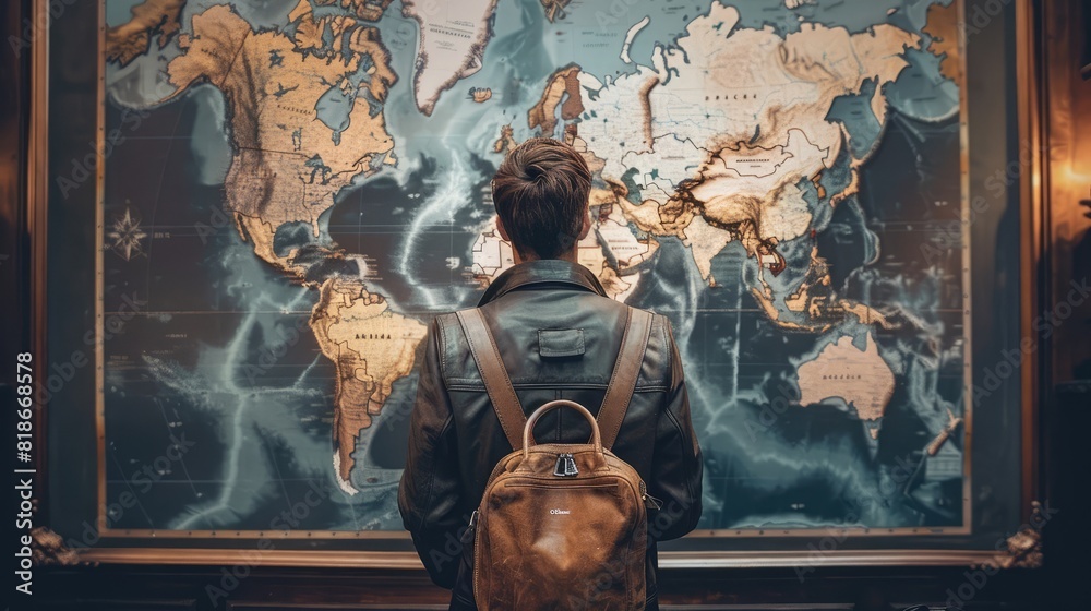 Fototapeta premium Man carrying travel bag looking at large map, AI generated Image