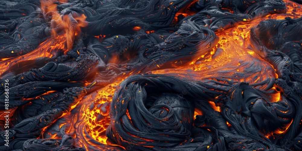 Fiery lava flow with central orange flame. Intense heat phenomenon concept