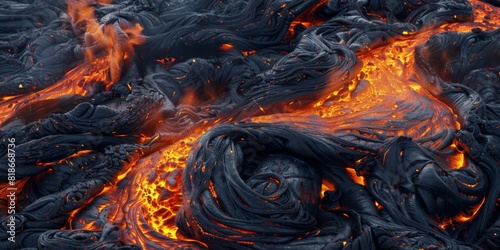 Fiery lava flow with central orange flame. Intense heat phenomenon concept