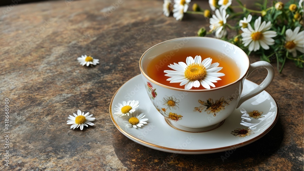 cup of tea on a saucer with chamomile flowers cup of tea on a saucer with chamomile flowers