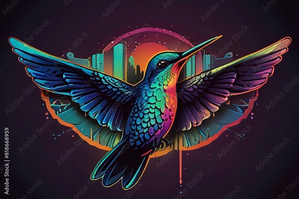 Obraz premium bird with a colorful head and a colorful background with a frame that says hummingbird - Generative AI