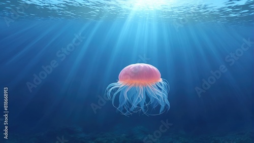 jellyfish in the thickness of blue sea water with sun rays photo