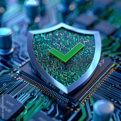 Close-up of a computer circuit board with a shield and a green checkmark symbolizing cybersecurity and data protection. photo