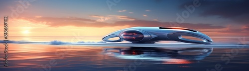 Futuristic hovercraft gliding effortlessly along a shimmering highway that stretches across the ocean