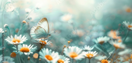 Background flower butterfly spring garden floral beauty blossom plant blue. Garden spring butterfly background summer flower field white color season banner daisy wild morning nature meadow bloom teal © Fitriyani