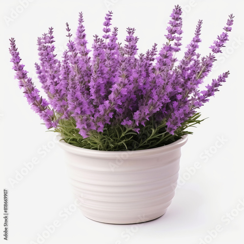  A white pot of lavender flower on white background