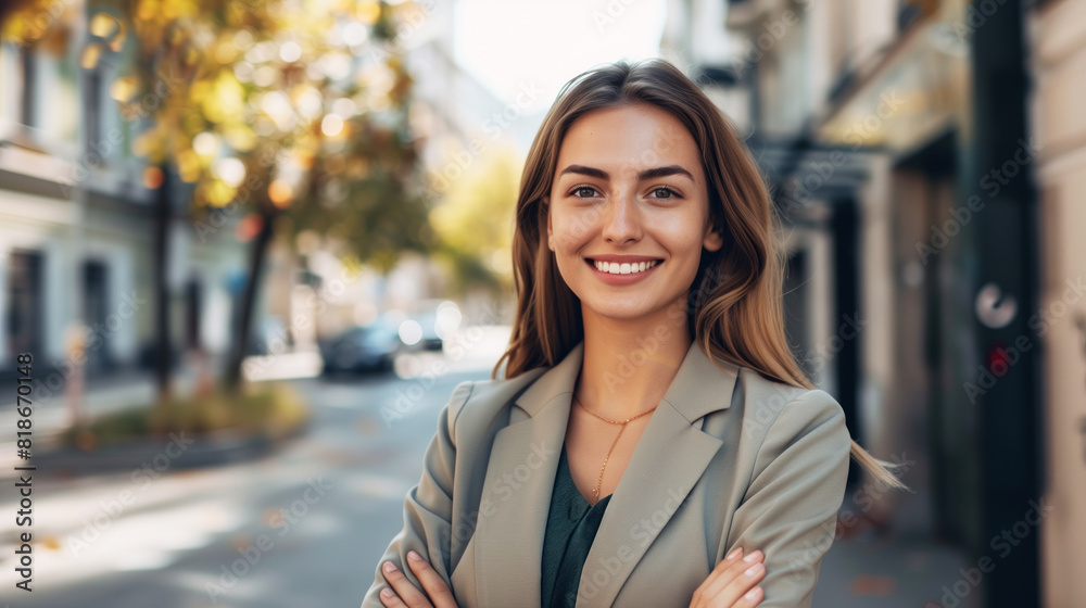 A woman is smiling and standing on a city street. Happy smiling professional business woman, happy confident positive female entrepreneur standing outdoor on street arms crossed, looking at camera A woman is smiling and standing on a city street. Happy smiling professional business woman, happy confident positive female entrepreneur standing outdoor on street arms crossed, looking at camera