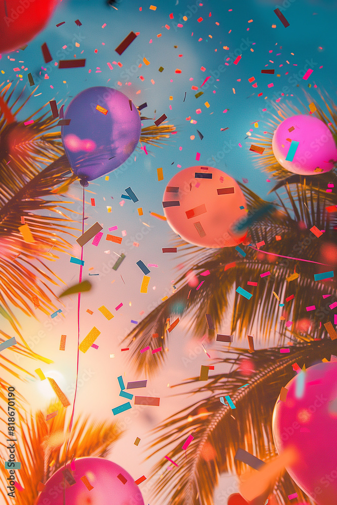 A colorful image of balloons and confetti with a tropical theme A colorful image of balloons and confetti with a tropical theme