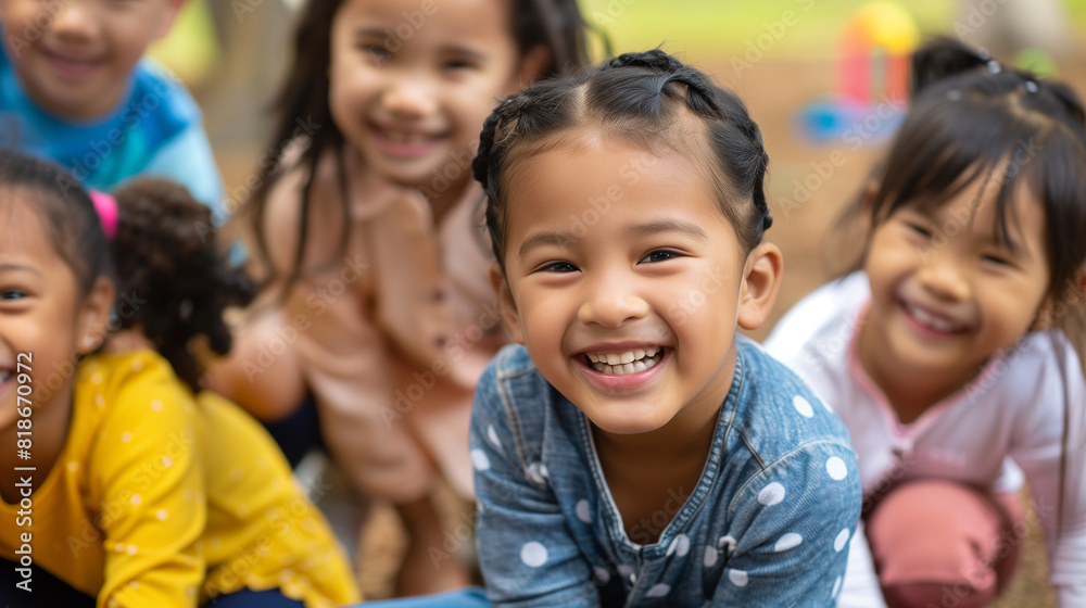 A joyful group of multiethnic children smiling and playing together outdoors, symbolizing diversity and unity. Captured with full depth of field, dynamic poses, and cinematic lighting. A joyful group of multiethnic children smiling and playing together outdoors, symbolizing diversity and unity. Captured with full depth of field, dynamic poses, and cinematic lighting.