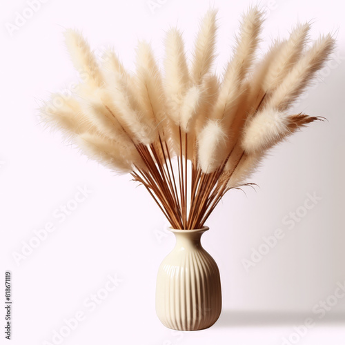 Pampas grass in a vase isolated on white background. White fluffy blades of grass . Elegant Pampas Grass in a Classic Vase, for home decor, interior design, and lifestyle theme