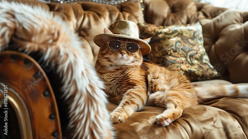 A trendy cat wearing a miniature hat and sunglasses, lounging on a fur-covered chaise longue in a fashion-forward setting © Kittipong