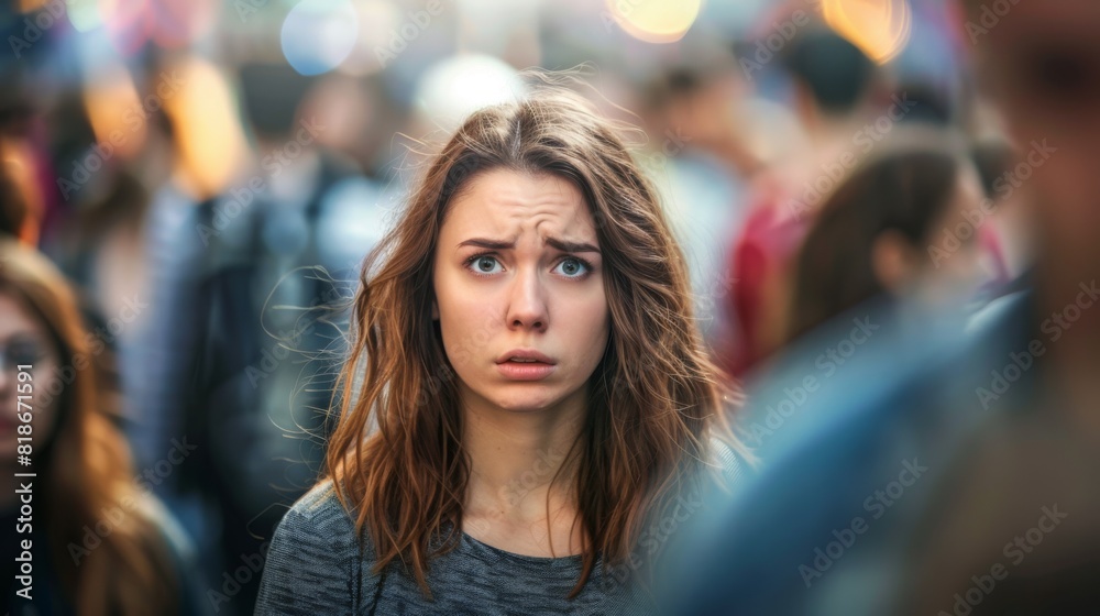 Concerned Young Woman in Crowd