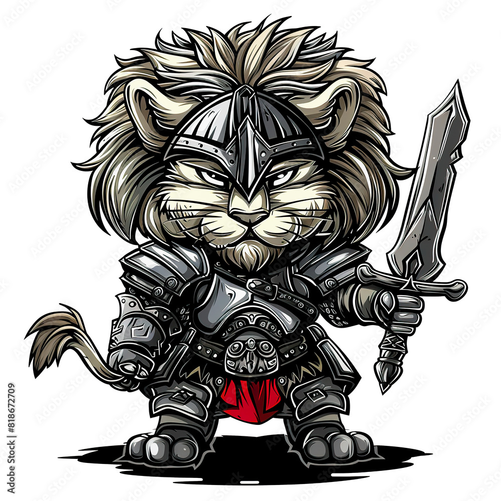 Fototapeta premium Brave lion soldier cartoon holding sword. Strong lion warrior cartoon design