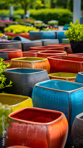 Enchanting Collection of Extra Large Colored Flower Pots in an Outdoor Setting © Franklin