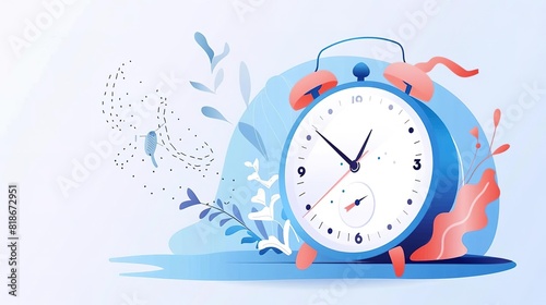 A beautiful illustration of a blue and pink alarm clock with a white dial. The clock is surrounded by colorful leaves and flowers. The clock is set to 7:00.