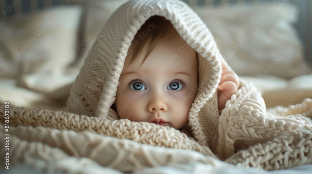 A beautiful baby peeks out from under the blanket, a close-up portrait. A beautiful baby peeks out from under the blanket, a close-up portrait.