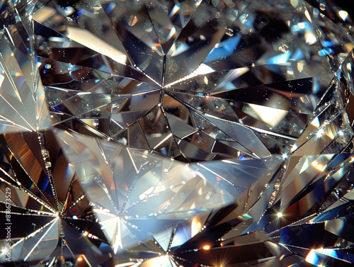 A closeup of the sparkling, intricate patterns in an oversized diamond's surface. Created with Ai