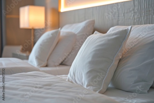 Comfortable bed with white sheets and pillows in a hotel room