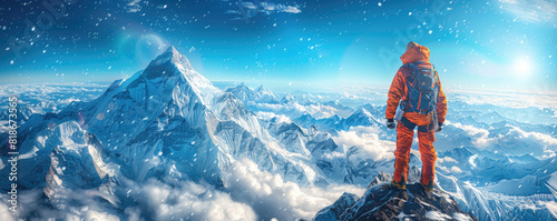 Climber on his way to the top of Mount Everest in orange clothes and complete equipment.
