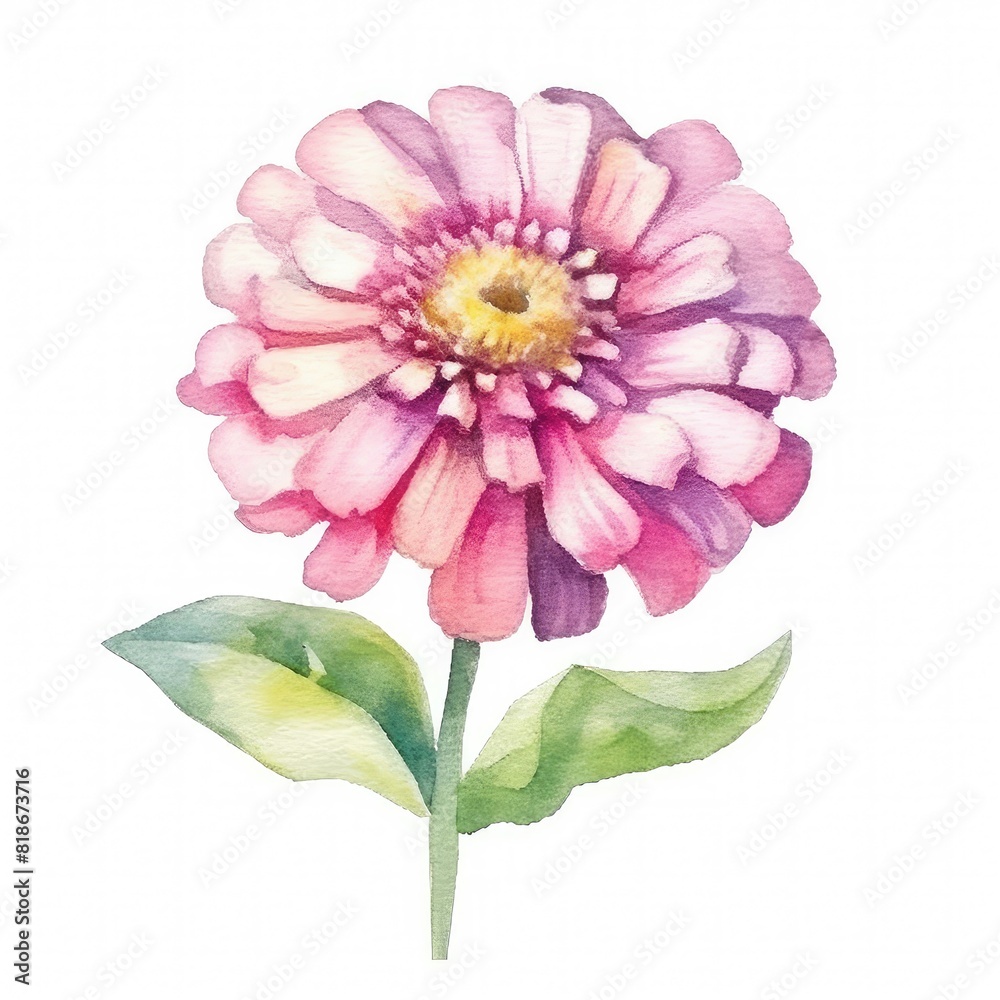 Zinnia flower with leafs, pastel watercolor drawing Zinnia flower with leafs, pastel watercolor drawing